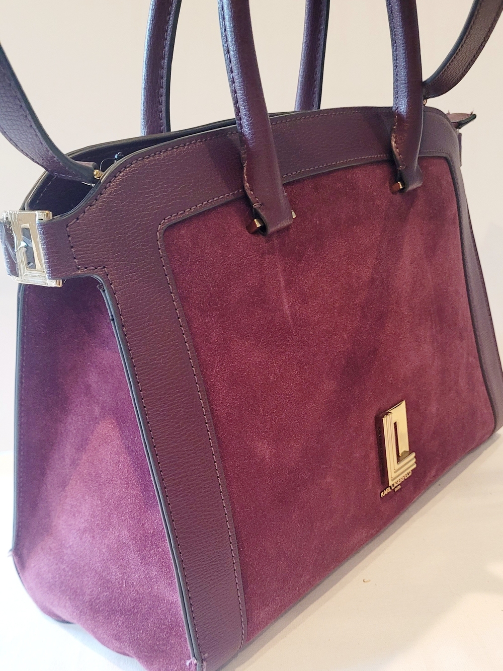 Karl Lagerfeld Plum Suede and Leather Shoulder Satchel - Picture 2 of 8